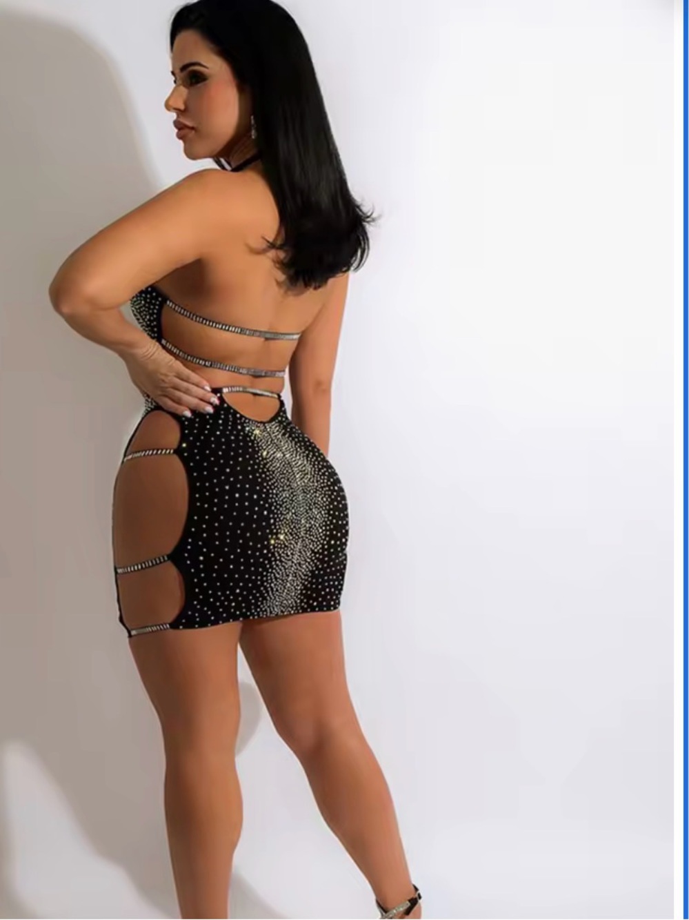 Cutout Rhinestone Mini Dress in Black - Picture 2 of 6
